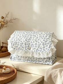 Large Capacity Lace Trim Home Storage Basket With Handle, Foldable Floral And Star Print Sundries Storage Bucket, Cosmetic Organizer, Suitable For Travel/School - Baby Blue - View 15