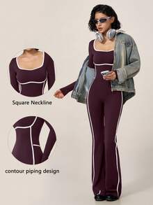 TimeOff Women's 1pc Colorblock White Line Square Neck Built-In Removable Padded Long Sleeve Flare Leg Jumpsuit - Purple - View 1