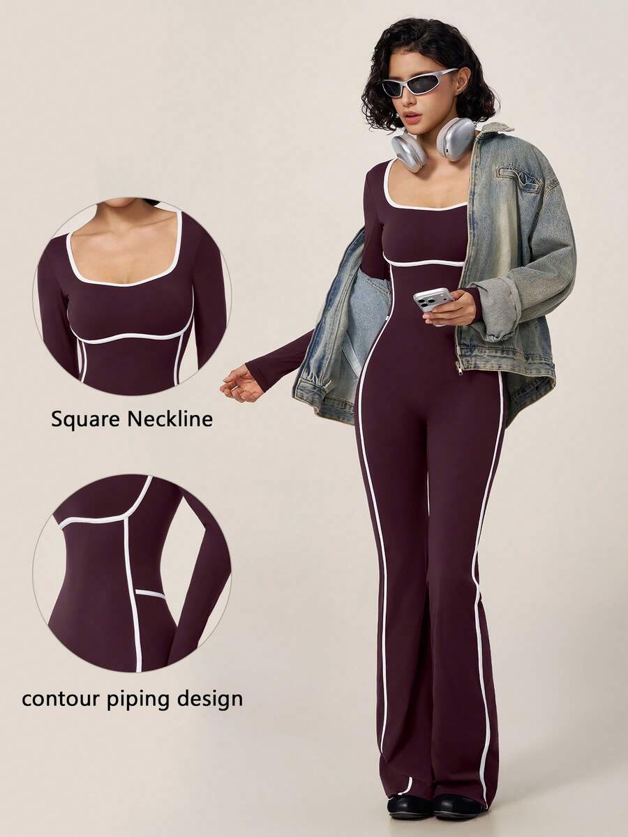 TimeOff Women's 1pc Colorblock White Line Square Neck Built-In Removable Padded Long Sleeve Flare Leg Jumpsuit - Purple - View 1