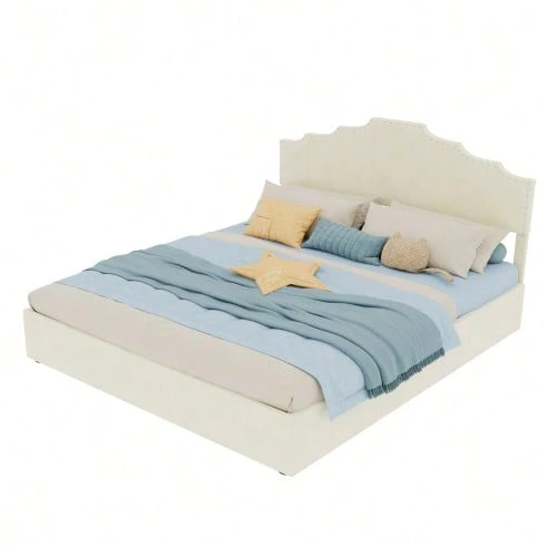 Modern Minimalist Upholstered Bed, Comfortable And Soft Headboard, Multifunctional Bedroom Furniture, High Box Spring Bed Frame With Gas-Pressure Spring, Including 140*200cm Mattress. - 米色 - 查看 1
