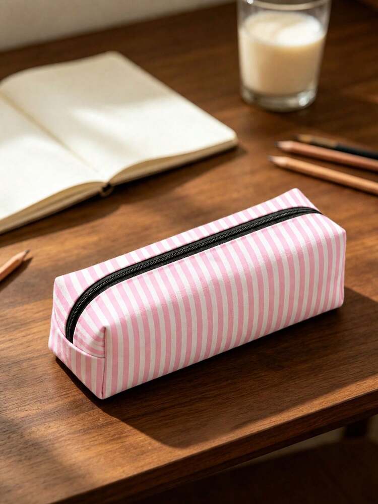 Campus Style Pink Striped Pencil Case/Stationery Storage Bag - Multi-Functional Large Capacity Design, Can Be Used To Store Office Supplies, Creative Multi-Purpose Pencil Box, Or Portable Travel Makeup Bag, Suitable For Students And Adults Daily Use. Stripe Density And Direction Are Random - Multicolor - View 12