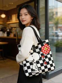 SNOOPY 1件史努比卡通印花大容量帆布托特包，休閒單肩手提包，適合日常通勤與上學，生日、情人節、開學與畢業的理想禮物 - C - 查看 5