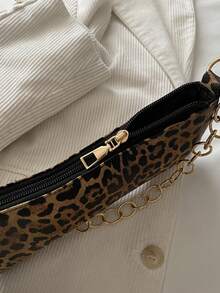 時尚豹紋金屬鏈條新月形法棍包 女款多功能手提包 托特包 度假休閒時尚手機包 - 棕色 - 查看 11