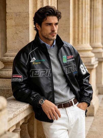 Men's Spring/Autumn Embroidered Racing Style Fashion Casual Drop Shoulder Stand Collar Leather Jacket