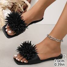 3D Rhinestone Floral Square Toe Flat Slides For Women, Beach Dress Outfit For Seaside Vacation Photos - Black - View 3
