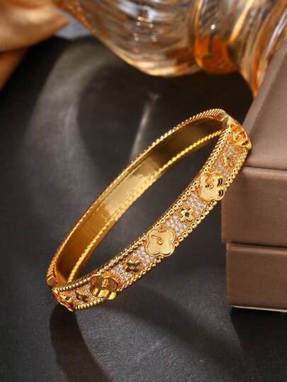 1pc Elegant Clover‑Carved Gold Hinged Bangle Delicate Paved Zirconia Bracelet For Women Wedding Daily Wear Jewelry For Music Festivals Graduation Gift