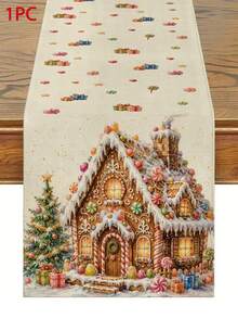 Christmas Table Runner, Throw Pillow, Placemat With Gingerbread House, Candy, Christmas Tree And Gift Print, Cute Cartoon Style, Holiday Kitchen And Dining Room Tabletop Decor - Multicolor - View 13