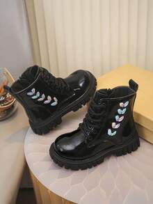 Sepatu Bot Anak Perempuan Motif Daun Bordir, Resleting Samping, Sol Tebal Anti Selip, Sepatu Bot Anak-Anak, Cocok untuk Pesta, Sekolah, dan Pemakaian Sehari-hari - Hitam - View 3