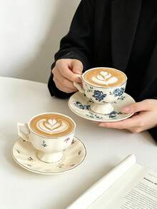 1pc Vintage Gold Rim Floral Ceramic Coffee Cup & Saucer, European Style Tall Latte Cup, Espresso Cup & Saucer Set For Home Afternoon Tea - Multicolor - View 2