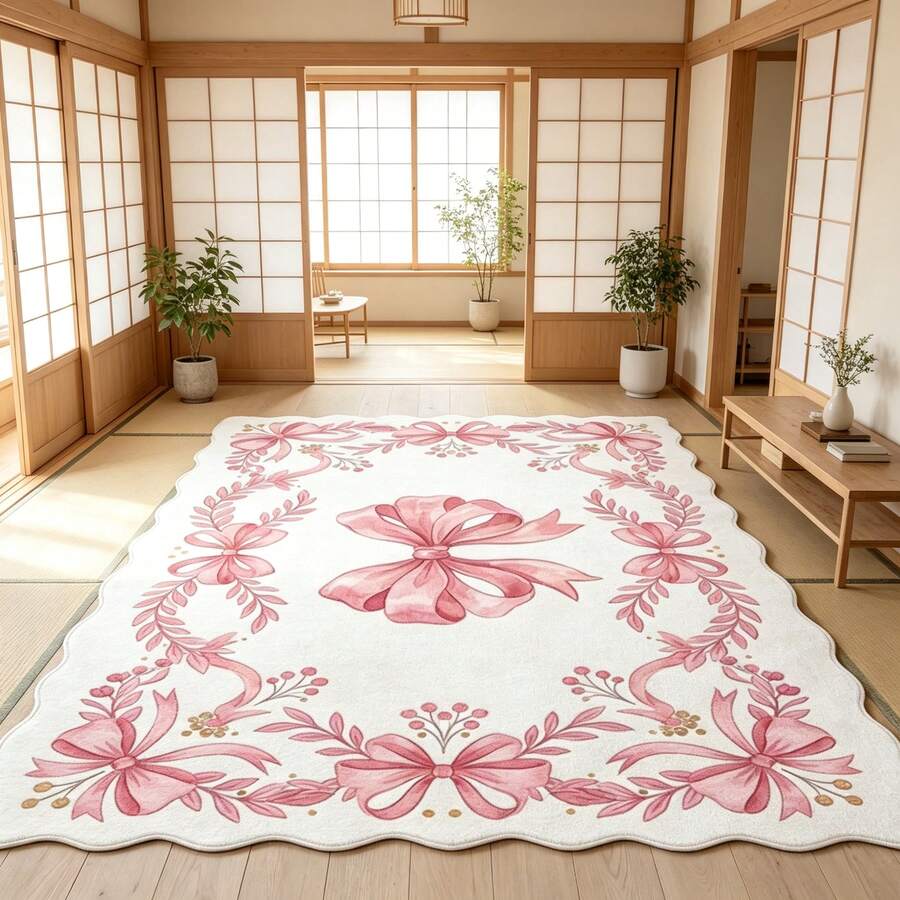 1pc Wavy Edge Bowknot Floral Rug, Soft Comfortable Bedroom Carpet, Washable Rug, Suitable For Front Door, Entrance, Hallway, Kitchen, Bedroom, Dorm, Dining Room, Skin-Friendly Carpet, Living Room Rug, Sofa Seat Rug, Area Small Rug, Creative Versatile Home Decor Rug, Large Living Room Carpet, Bedroom Rug, Dressing Room Rug, Room Decoration, Gift For Family And Friends - Multicolor - View 1