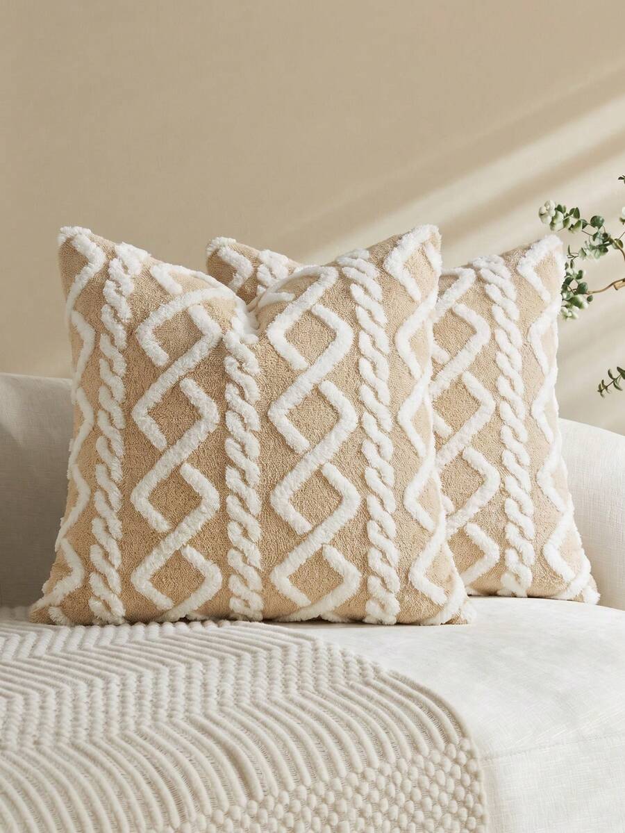 1pc Solid Tan Color Decorative Faux Fur Throw Pillow Cover (Insert Not Included), Soft Fluffy Sheep Wool Square Pattern Cushion Cover, Modern Decor For Sofa, Home, Bedroom, Dorm