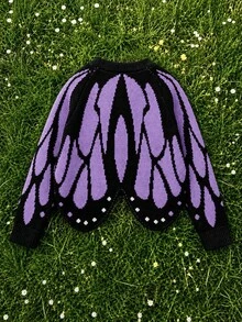 Butterfly Cape Halloween Knit Button Cardigan, Vibrant Contrast Color Crochet Jacquard Design, Loose Batwing Long Sleeve Shawl Visual Sweater, Spring/Autumn Atmospheric Outerwear Cardigan, Slim Fit Bright Premium Sweater - Purple - View 3