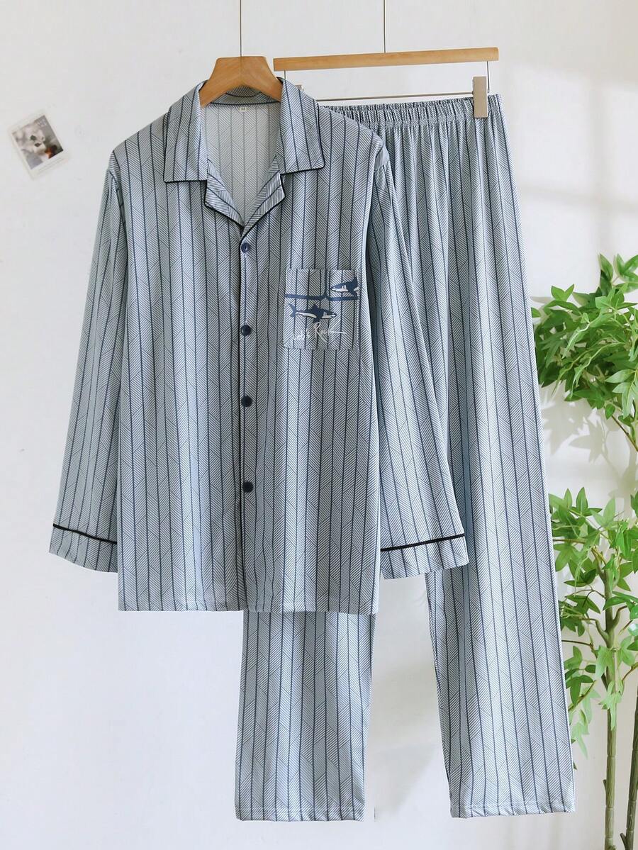 2 Pieces Men's Pajama Set, Cardigan Loungewear Set, Casual Home Wear, Long Sleeve Long Pants Set - Blue - View 1