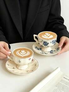1pc Vintage Gold Rim Floral Ceramic Coffee Cup & Saucer, European Style Tall Latte Cup, Espresso Cup & Saucer Set For Home Afternoon Tea - Multicolor - View 10
