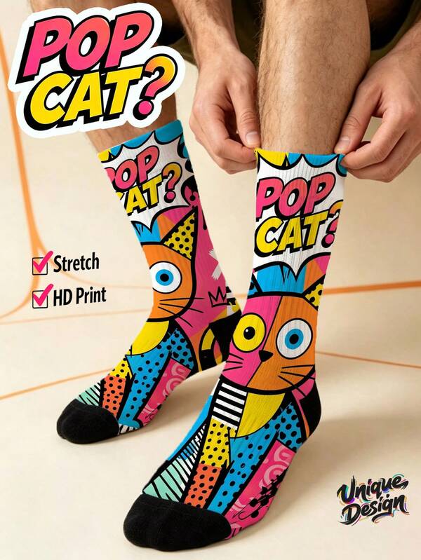 Kaos Kaki Pria Bergambar 360° Keren - Kaos Kaki Streetwear, Kucing Pop Art, Kartun Doodle Kucing Hitam, Warna-warni, Kaos Kaki Lucu, Cocok untuk Sehari-hari, Liburan & Pesta