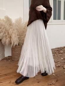 Women's Elegant Knit Double Layer Mesh Flared Maxi Skirt, Pleated Design, Slightly Stretchy, Suitable For Autumn/Winter - Apricot - View 2
