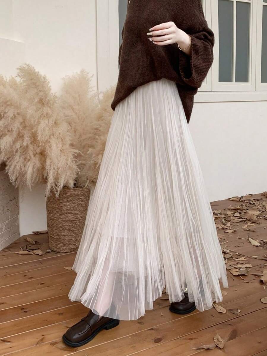 Women's Elegant Knit Double Layer Mesh Flared Maxi Skirt, Pleated Design, Slightly Stretchy, Suitable For Autumn/Winter