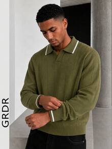 GRDR Men's Airplane Collar Pullover Sweater, Autumn/Winter Turn-Down Collar Knit Top - Army Green - View 3
