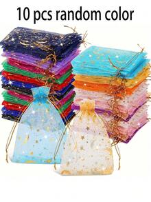 100/50/30/10pcs/Set Star & Moon Organza Drawstring Gift Bags, Gold Glitter Transparent Mesh Bags, Multicolor Transparent Organza Candy Jewelry Packaging Bags, Suitable For Wedding Party Holiday Favors - Multicolor - View 10