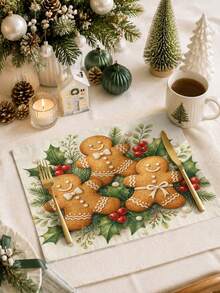 Christmas Table Runner, Throw Pillow, Placemat With Gingerbread Man, Holly Berry And Pearl Print, Cozy Vintage Style, Holiday Kitchen And Dining Room Tabletop Decor - Multicolor - View 5