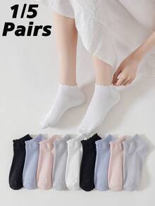 1/5 Pairs Women's Solid Color Short Socks, Fashionable Versatile Short Socks With Design Lace Cuff, Suitable For Daily Wear And Gifting - Multicolor - View 1