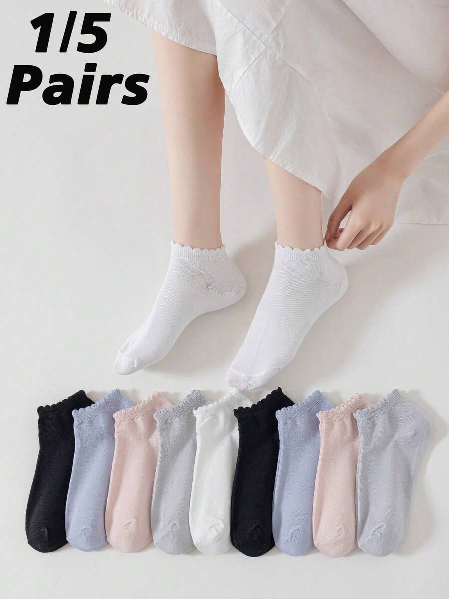 1/5 Pairs Women's Solid Color Short Socks, Fashionable Versatile Short Socks With Design Lace Cuff, Suitable For Daily Wear And Gifting - Multicolor - View 1