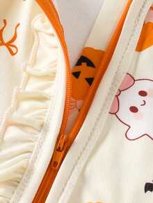 1pc Newborn Baby Girl Cute Comfortable Soft Long Sleeve Pumpkin Print Bodysuit With Headband Thin Spring Autumn Halloween Outfit - Apricot - View 10