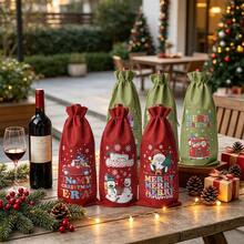 CARRIECUR 6/12/18Pcs Christmas Wine Bottle Gift Bags, Red & Green Linen Drawstring Wine Gift Sacks With Santa Snowman Christmas Tree Pattern, Reusable Xmas Holiday Wine Bottle Wrapping Pouches - Green - View 4