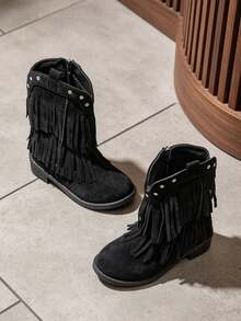 1 Pair Kids Vintage Western Style Tassel Mid-Calf Boots With Rivet Decor And Side Zipper, Suitable For Holiday Outings, Retro Outfit Styling, Autumn/Winter - Black - View 9