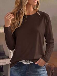 Women's Solid Color Long Sleeve Crew Neck T-Shirt, Loose Casual Top, Versatile All-Match Layering Tee For Spring And Autumn - Coffee Brown - View 3