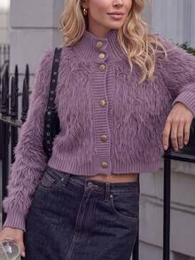 Korean-Style Plush Knit Cardigan – Soft Faux Fur Sweater For Autumn/Winter, Decorated With Fan-Shaped Lace And Pearl Buttons, Comfortable High-Neck Outerwear, Versatile For Daily Wear - Purple - View 2