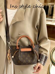 Vintage All-Over Pattern Decor Drawstring Cinch Design Zipper Inner Pocket Daily Dating Shopping Travel Bag Exquisite Atmosphere Handheld Crossbody Small Bag - Coffee - View 6
