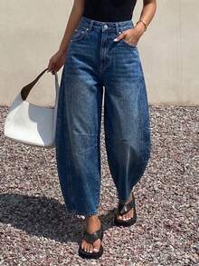 Celana Panjang Wanita Model Longgar Klasik Vintage Biru Model Bucket dengan Kaki Melengkung, Potongan Pendek, Serbaguna untuk Perjalanan Sehari-hari dan Gaya Kasual Musim Gugur - Biru - View 3
