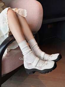 女款小眾厚底芭蕾訓練鞋 百搭時尚休閒運動瑪麗珍鞋 大尺碼女鞋 - 米色 - 查看 7