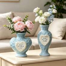 1pc Light Blue Heart-Shaped Ceramic Vase Set, Embossed Heart-Shaped Text Decor Vase, Modern Farmhouse Style Home Living Room Tabletop Centerpiece - Multicolor - View 2