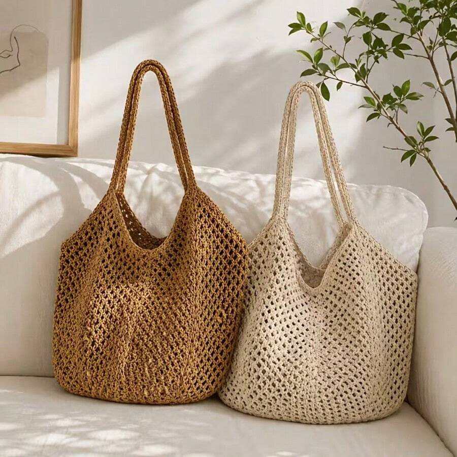 Women's Large-Capacity Woven Tote Bag - Lightweight And Breathable Shoulder Bag, Suitable For Beach, Travel, Shopping, Daily Use, Open Casual Tote Bag, Easy To Carry, Suitable For Commuting