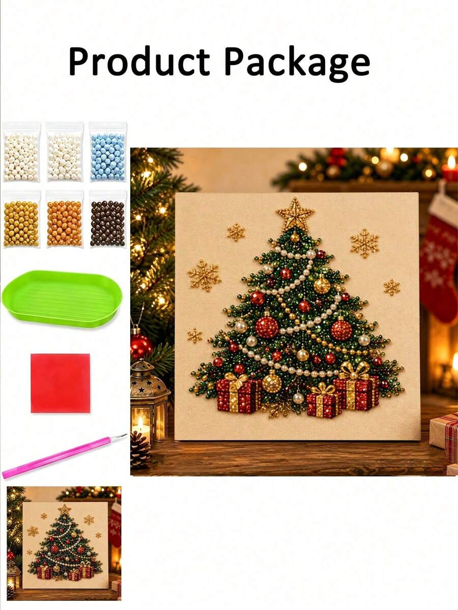 DIY Christmas Pearl Diamond Painting Art Kit, Includes Frame, Beads, Gem Stickers, Handmade 3D Holiday Decoration, Adult Gift, 5 Classic Beaded Decor Designs - View 1