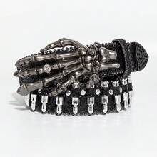 1件女款深色哥德龐克風腰帶，骷髏手金屬扣頭鑲水鑽，黑色水鑽腰帶，子彈鉚釘吊墜流蘇搖滾風腰帶 - 黑色-手 - 查看 2