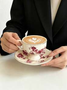 1pc Vintage Gold Rim Floral Ceramic Coffee Cup & Saucer, European Style Tall Latte Cup, Espresso Cup & Saucer Set For Home Afternoon Tea - Multicolor - View 13