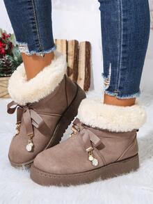 Women's Faux Suede Thick Sole Snow Boots, Foldable Plush Sock Collar With Bow Ribbon And Pearl Pendant Decoration - Grey - View 4