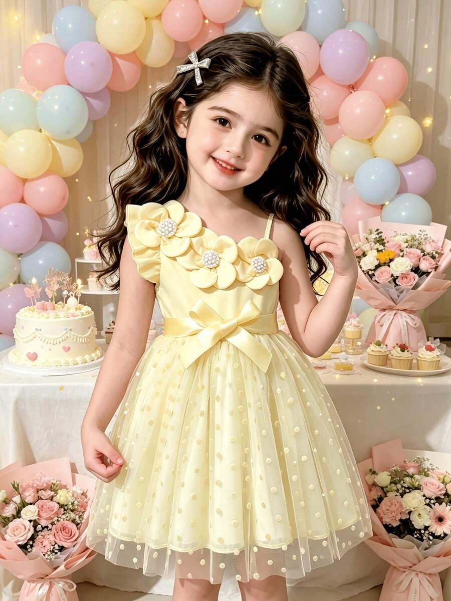 Young Girl' Floral Decor Asymmetric Shoulder Strap Dress, Asymmetric Ruffle Hem, Pearl Design, Mesh Polka Dot Skirt, Princess Sweet Dress - Yellow - View 1