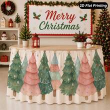 Pastel Christmas Tree Print Round Table Skirt, Cute Pink And Green Holiday Decoration, 2D Flat Printing Polyester Table Cover For Kids Christmas Party, Family Dinner And Winter Home Decor - A - View 5