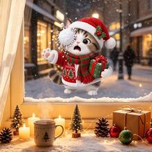 1/3pcs Cute Snowball Winking Snowman Static Cling Stickers, Cat And Squirrel Designs, Double-Sided Visible And Reusable, Suitable For Home, Shop, Cafe, Holiday Party Glass Window Decoration, Christmas Decor - Multicolor - View 6