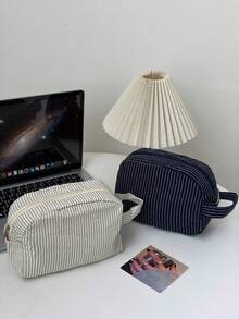 Japanese Style Handheld Stationery Storage Bag/Pencil Case Large Capacity Multifunctional Minimalist Vertical Stripe Quilted Shell Shaped Storage Bag/Pencil Case - Single Piece - View 1
