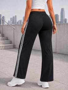 Women Black Wide Leg Pants With Drawstring Elastic Waist And Double Side Stripes Casual Full Length Trousers For Daily Wear - Black - View 4