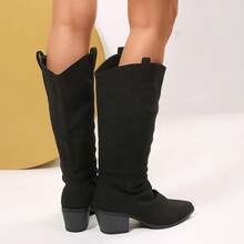 2026 Autumn New Ruched Boots, Women's Mid-Calf Denim Knee-High Boots, Western Style Tall Boots, Pointed Toe Chunky Square Heel Relaxed High-Shaft Boots, Black Disco Party Dress Boots, Suitable For Nightclub Outings - Black - View 6