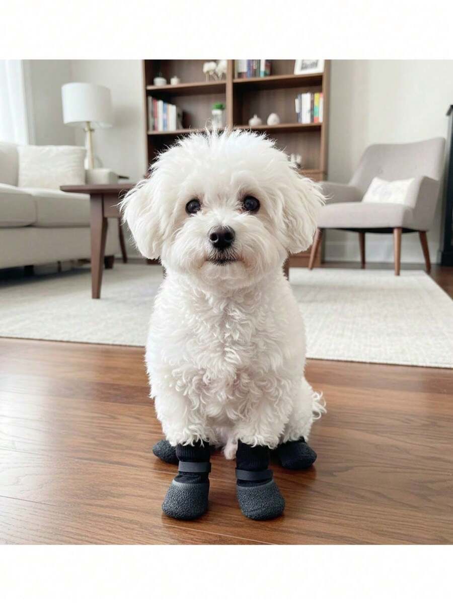 4pcs/Set Waterproof Pet Dog Shoes (Random Style), Non-Slip Soft Sole Scratch-Resistant Washable Reusable, Durable Pet Shoes Suitable For Bichon, Corgi And Other Dog Breeds, Rain, Snow And High Temperature Road Surface - Black - View 1