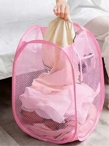 1pc Pink Foldable Mesh Laundry Basket, Portable Large Capacity With Handle Clothes Basket, Bathroom Dirty Clothes Storage Basket, No Assembly Required, Quick Opening, Sturdy And Durable, Miscellaneous Storage Basket, Suitable For Home, Dorm, Apartment, Bedroom, Bathroom Use | Space-Saving, Laundry And Bathroom Supplies, Bathroom Accessories, Travel Accessories, Back To School Season, Mother's Day Gift - Pink - View 2
