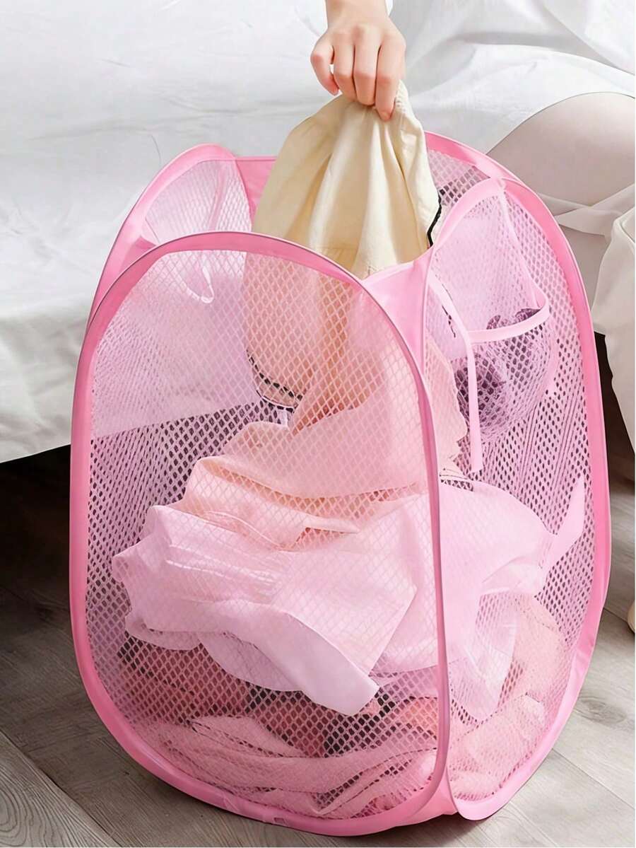 1pc Pink Foldable Mesh Laundry Basket, Portable Large Capacity With Handle Clothes Basket, Bathroom Dirty Clothes Storage Basket, No Assembly Required, Quick Opening, Sturdy And Durable, Miscellaneous Storage Basket, Suitable For Home, Dorm, Apartment, Bedroom, Bathroom Use | Space-Saving, Laundry And Bathroom Supplies, Bathroom Accessories, Travel Accessories, Back To School Season, Mother's Day Gift