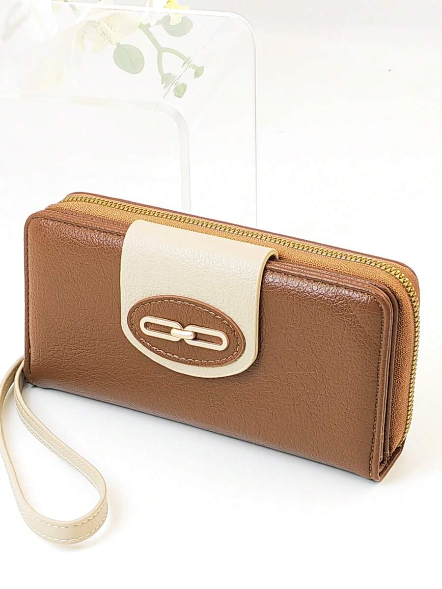 Women's Mini Handheld Phone Wallet, Exquisite Snap Closure Colorblock Patchwork Soft PU Long Wallet, Multifunctional Large Capacity Card Holder, Zipper Coin Purse, Lightweight And Fashionable - Brown - View 1